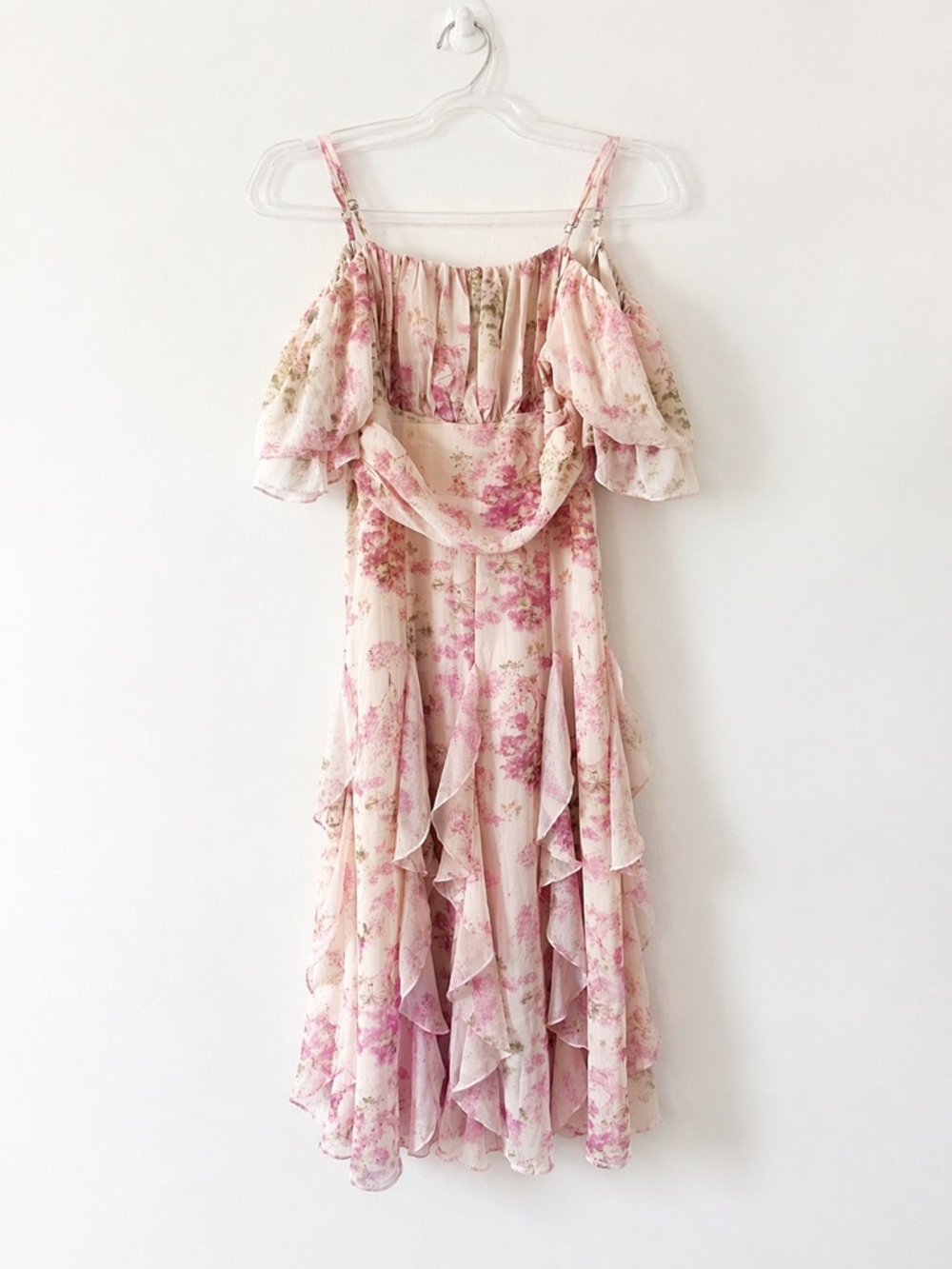 Coquette Cottagecore Fairycore Pink Floral Chiffon Ruffle Midi Dress Small